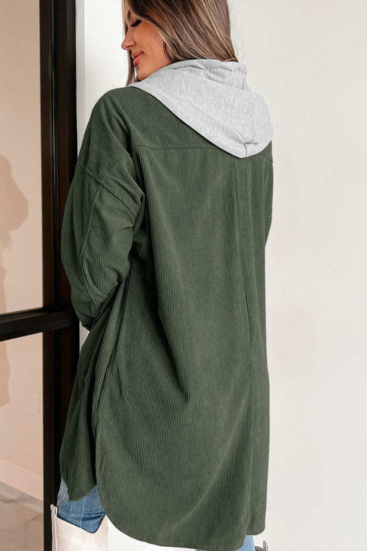 Drawstring Button Up Long Sleeve Hooded Jacket - Trendsi - Flyclothing LLC