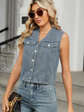 V-Neck Button Down Denim Vest - Trendsi - Flyclothing LLC