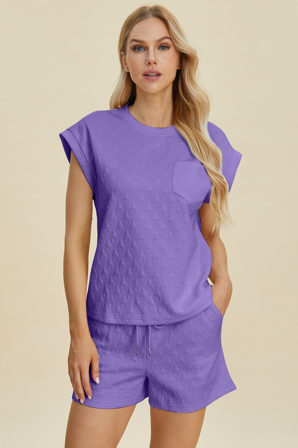 Double Take Full Size Pocketed Texture Round Neck Top and Shorts Set - Trendsi