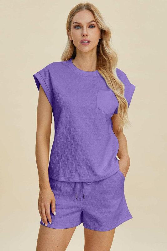 Double Take Full Size Pocketed Texture Round Neck Top and Shorts Set - Trendsi - Flyclothing LLC