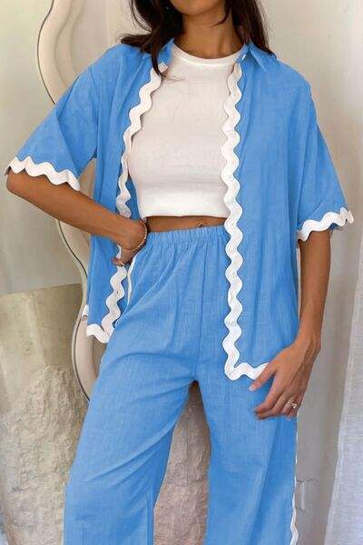 Contrast Trim Half Sleeve Top and Pants Set - Trendsi - Flyclothing LLC
