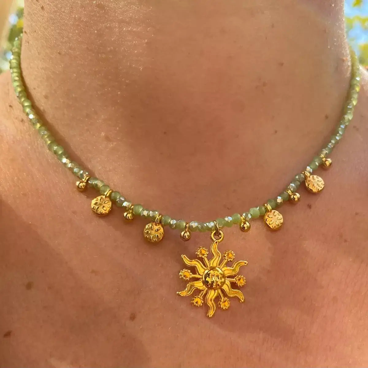 14K Gold-Plated Bead Sun Pendant Necklace - Trendsi - Flyclothing LLC