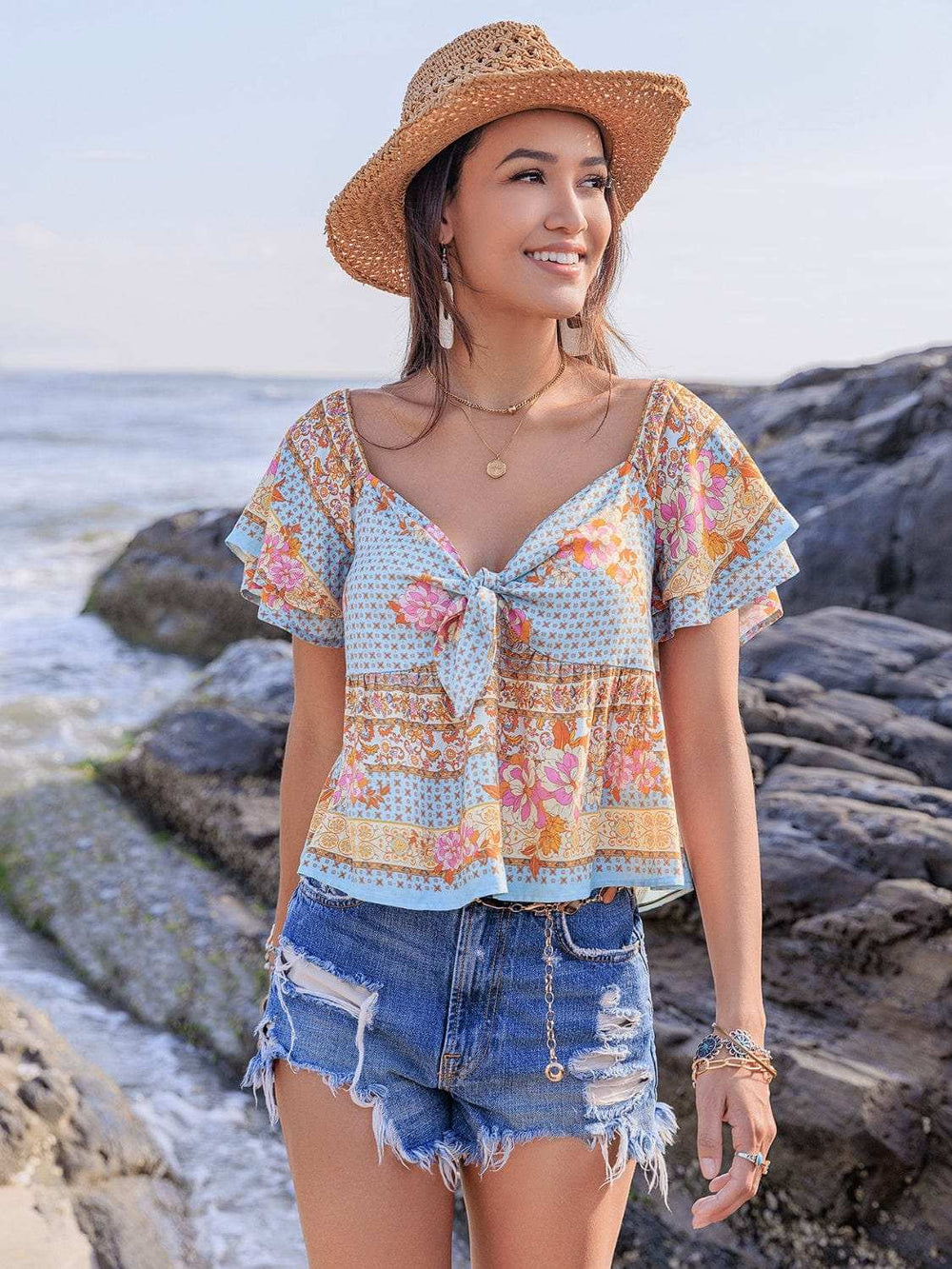 Printed Sweetheart Neck Layered Short Sleeve Blouse - Trendsi - Flyclothing LLC