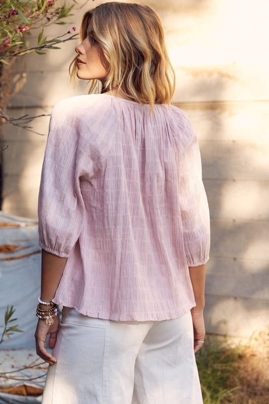 In February Textured Tie Neck Blouse - Trendsi