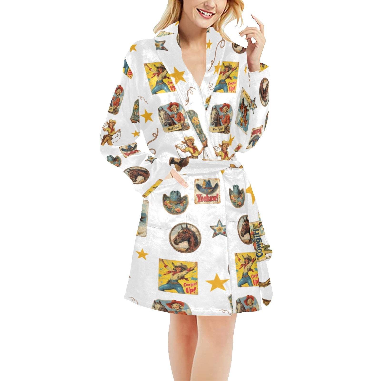 Baha Ranch Vintage Cowgirl Collage Women's Western Bath Robe - Baha Ranch Western Wear - Flyclothing LLC