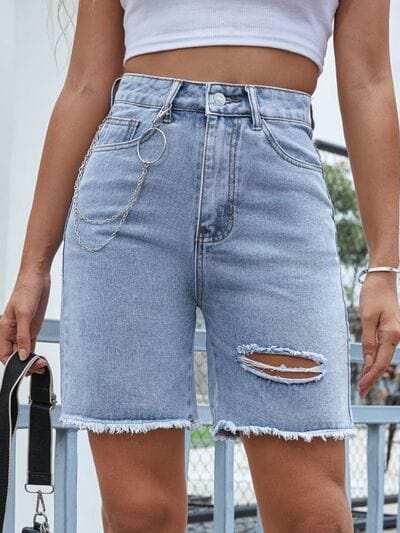 Distressed Raw Hem Denim Shorts - Trendsi - Flyclothing LLC