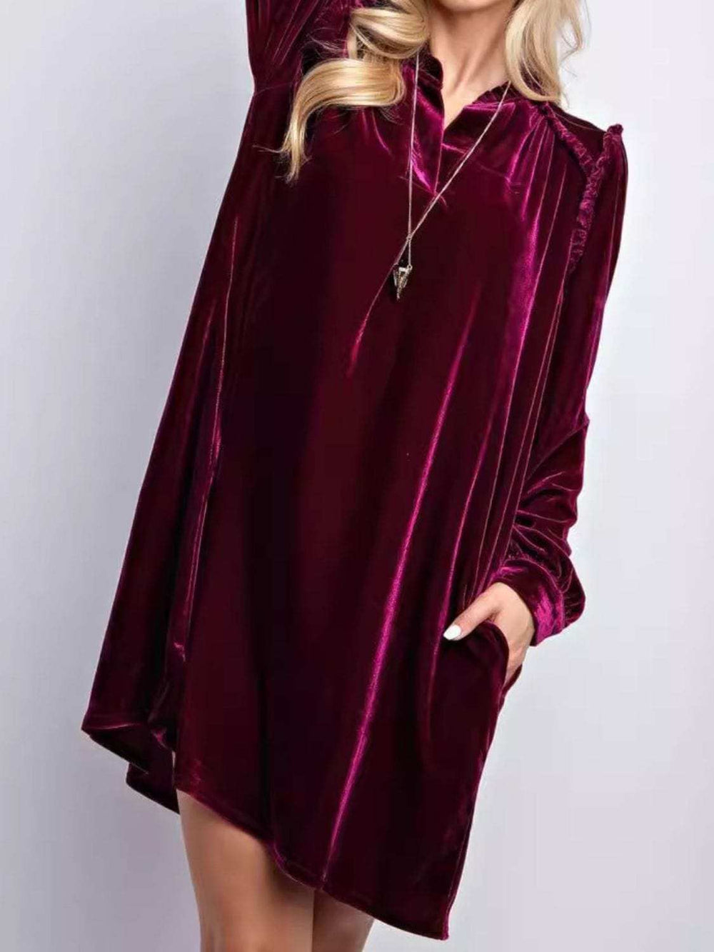 Frill Notched Long Sleeve Dress with Pockets - Trendsi - Flyclothing LLC