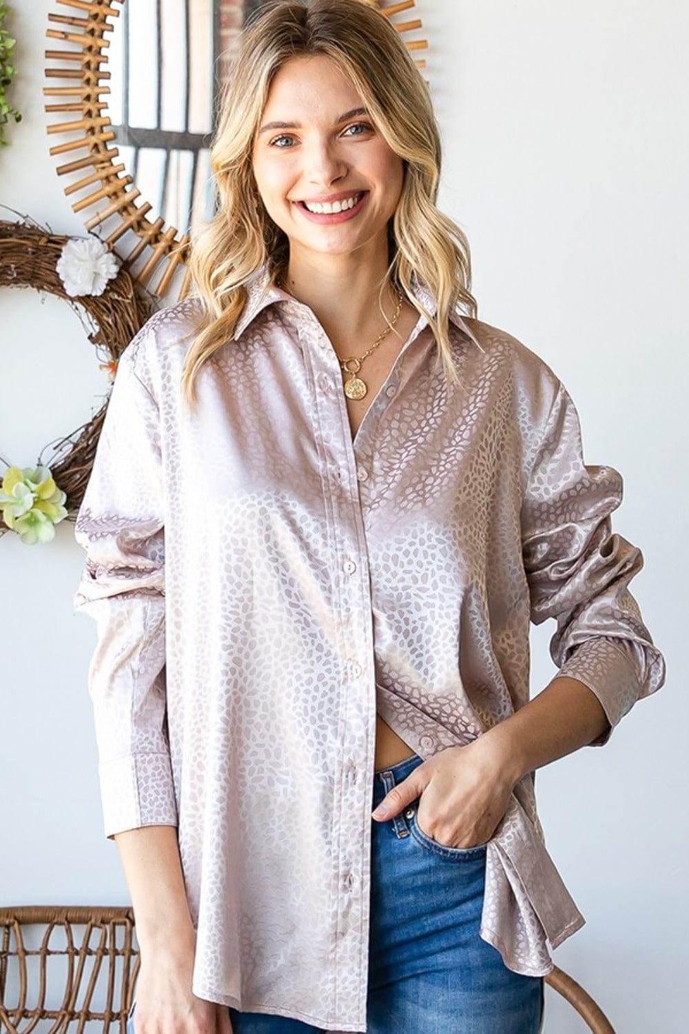 First Love Full Size Ditsy Dot Button Down Collared Satin Shirt - Trendsi