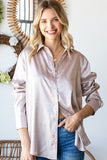 First Love Full Size Ditsy Dot Button Down Collared Satin Shirt - Trendsi