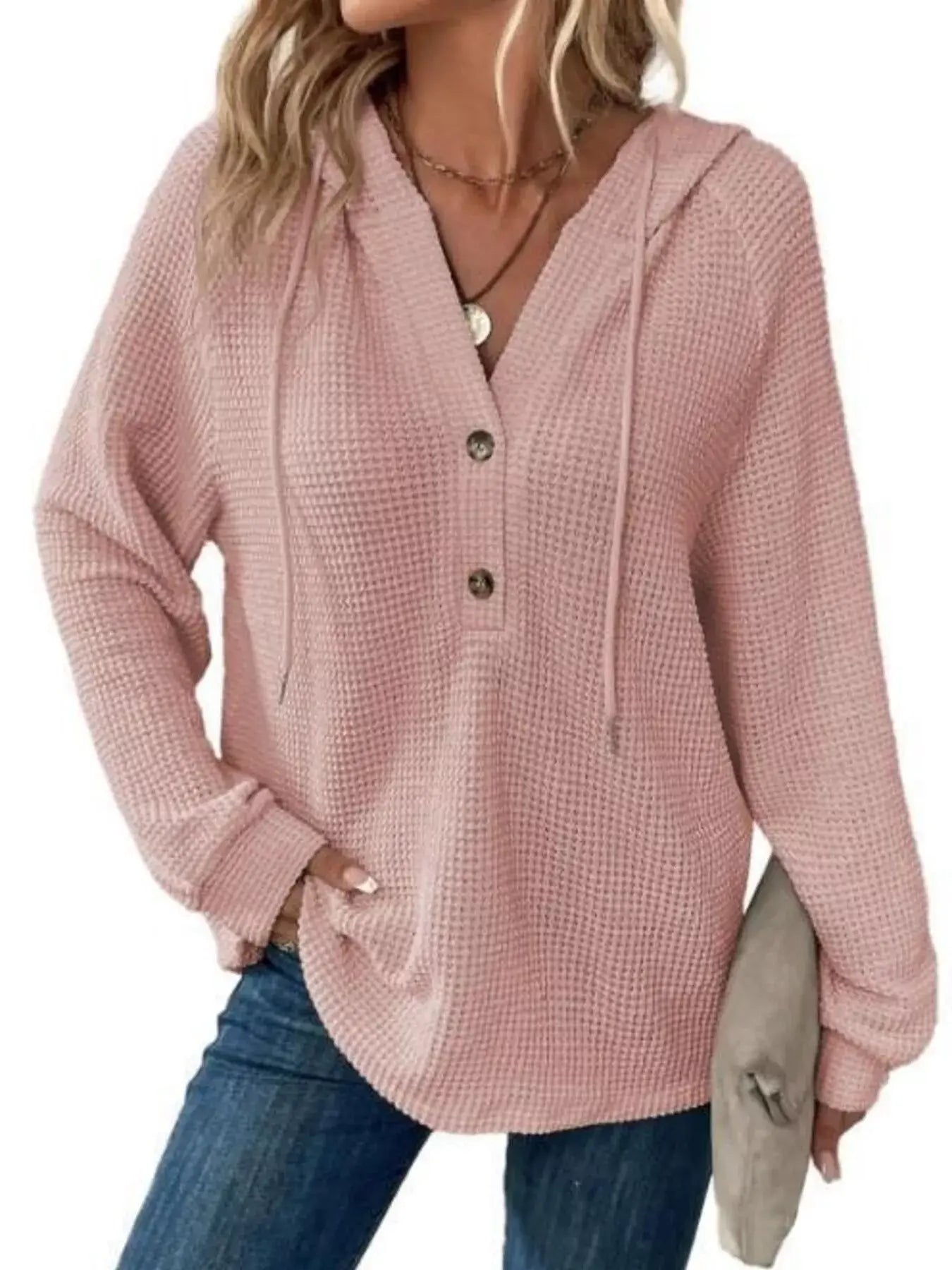 Full Size Button Detail Waffle Knit Hoodie Plus Size - Trendsi - Flyclothing LLC