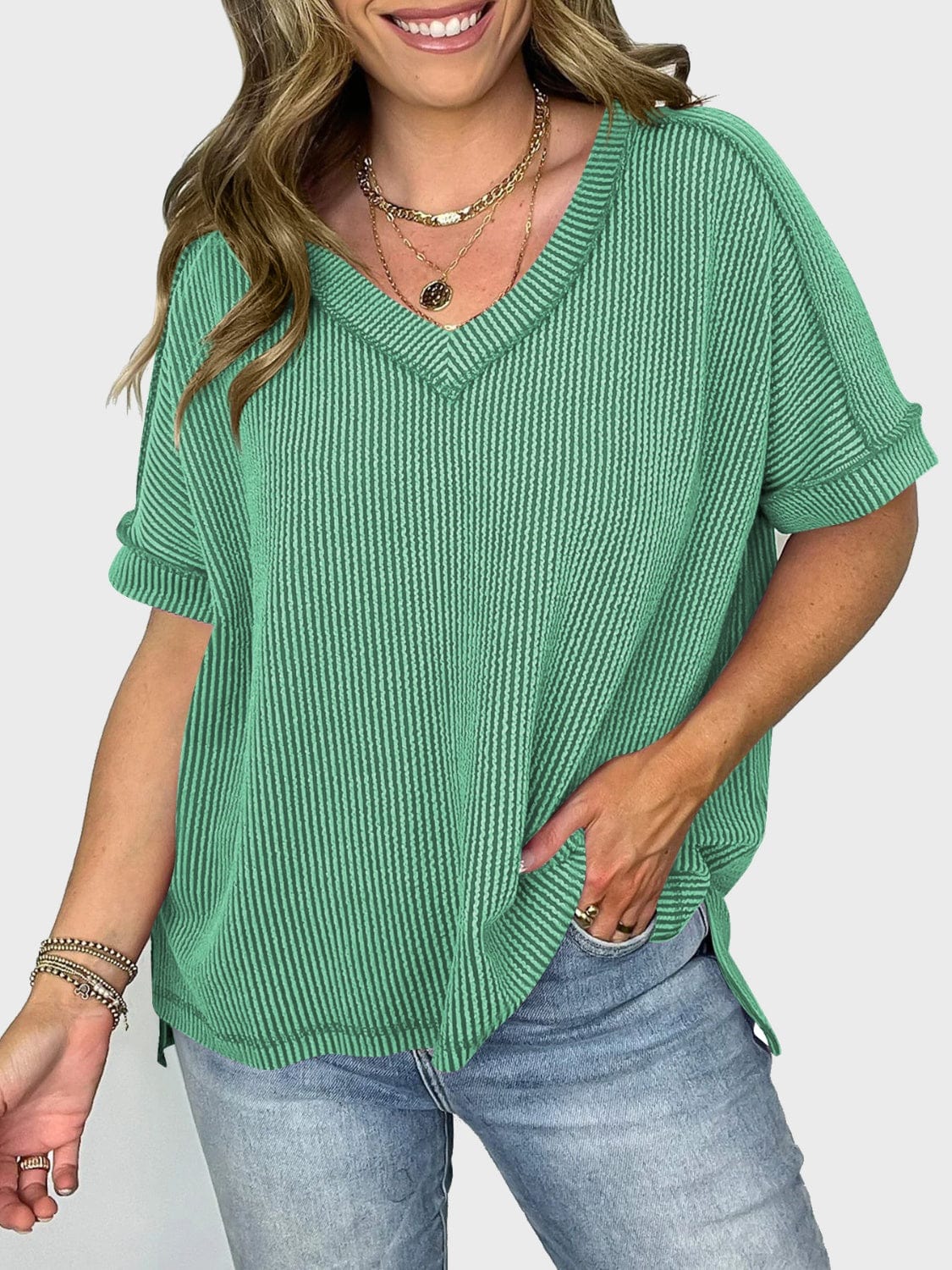 Lovelet Texture V-Neck Half Sleeve T-Shirt - Trendsi
