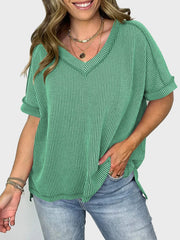 Lovelet Texture V-Neck Half Sleeve T-Shirt - Trendsi