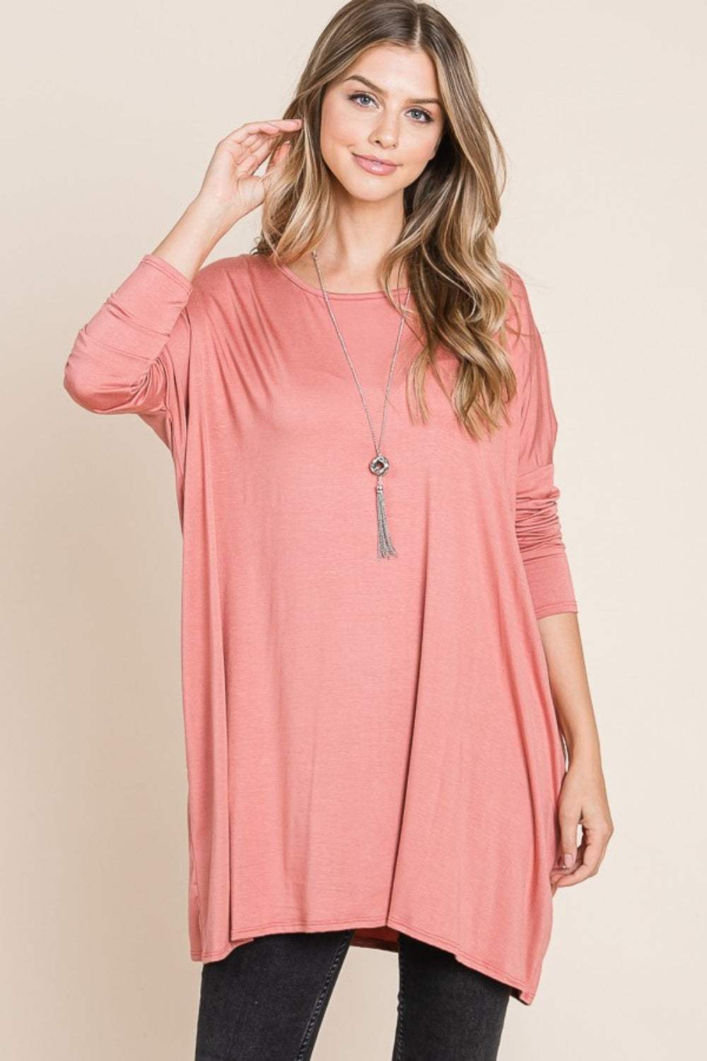 BOMBOM Round Neck Long Sleeve Oversized Top - Trendsi - Flyclothing LLC