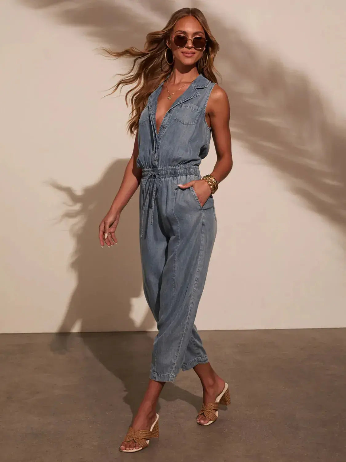 Sleeveless Drawstring Waist Washed Denim Jumpsuit - Trendsi - Flyclothing LLC