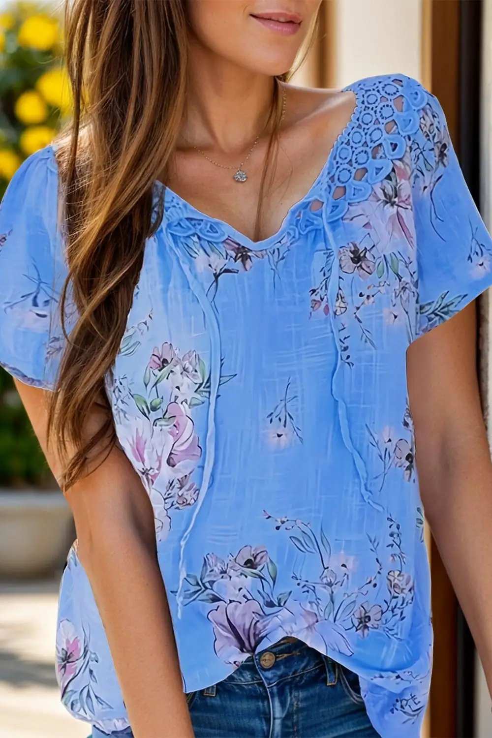 Full Size Printed Tie Neck Short Sleeve Blouse - Trendsi - Flyclothing LLC