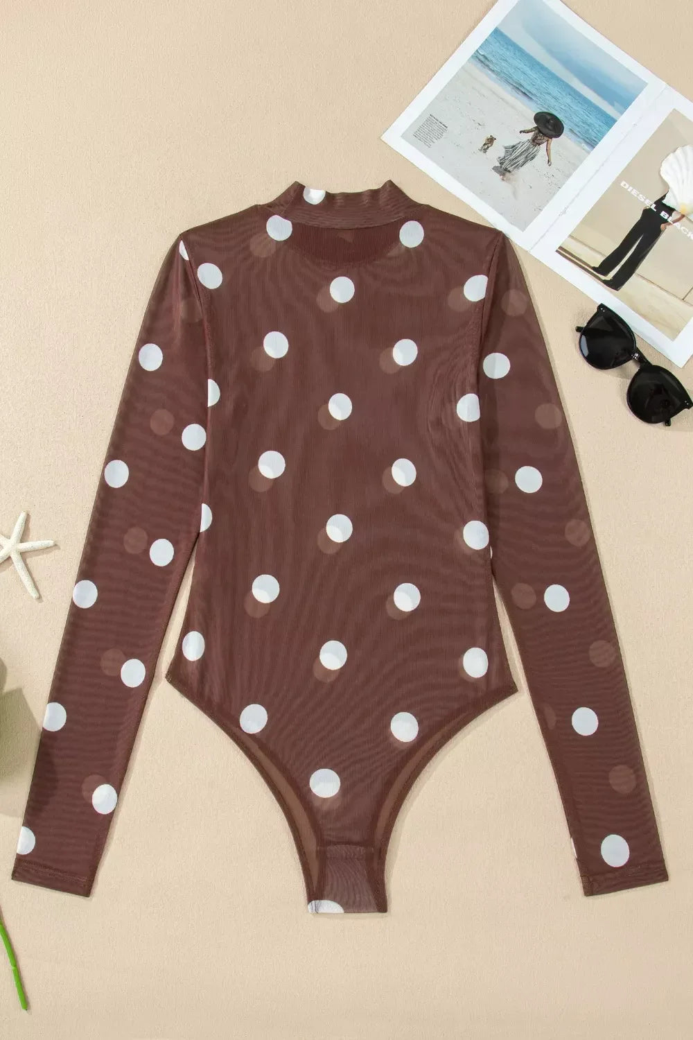 Vintage Polka Dot Print Mesh Long Sleeve Bodysuit - Trendsi - Flyclothing LLC