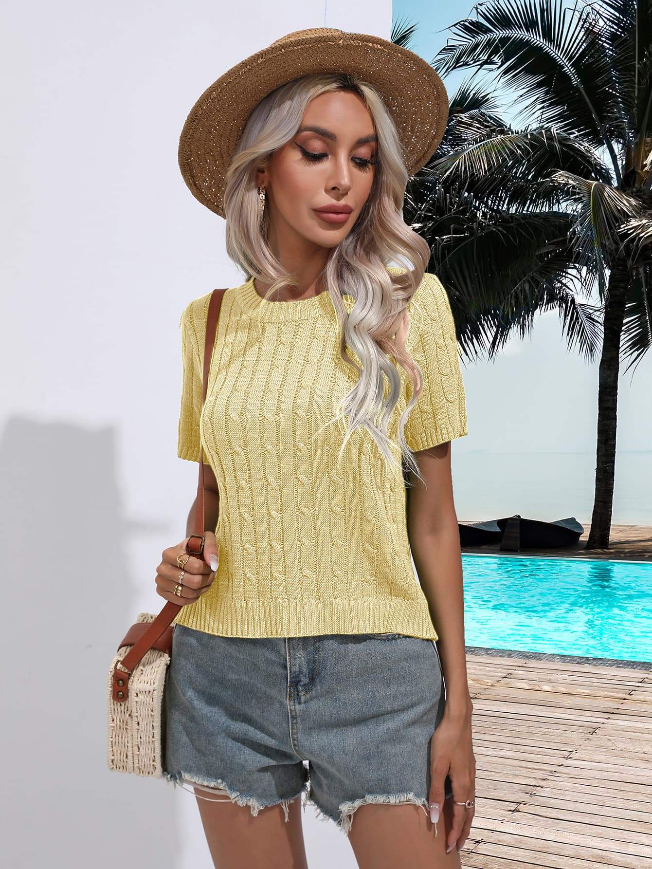 Cable-Knit Round Neck Short Sleeve Knit Top - Trendsi - Flyclothing LLC