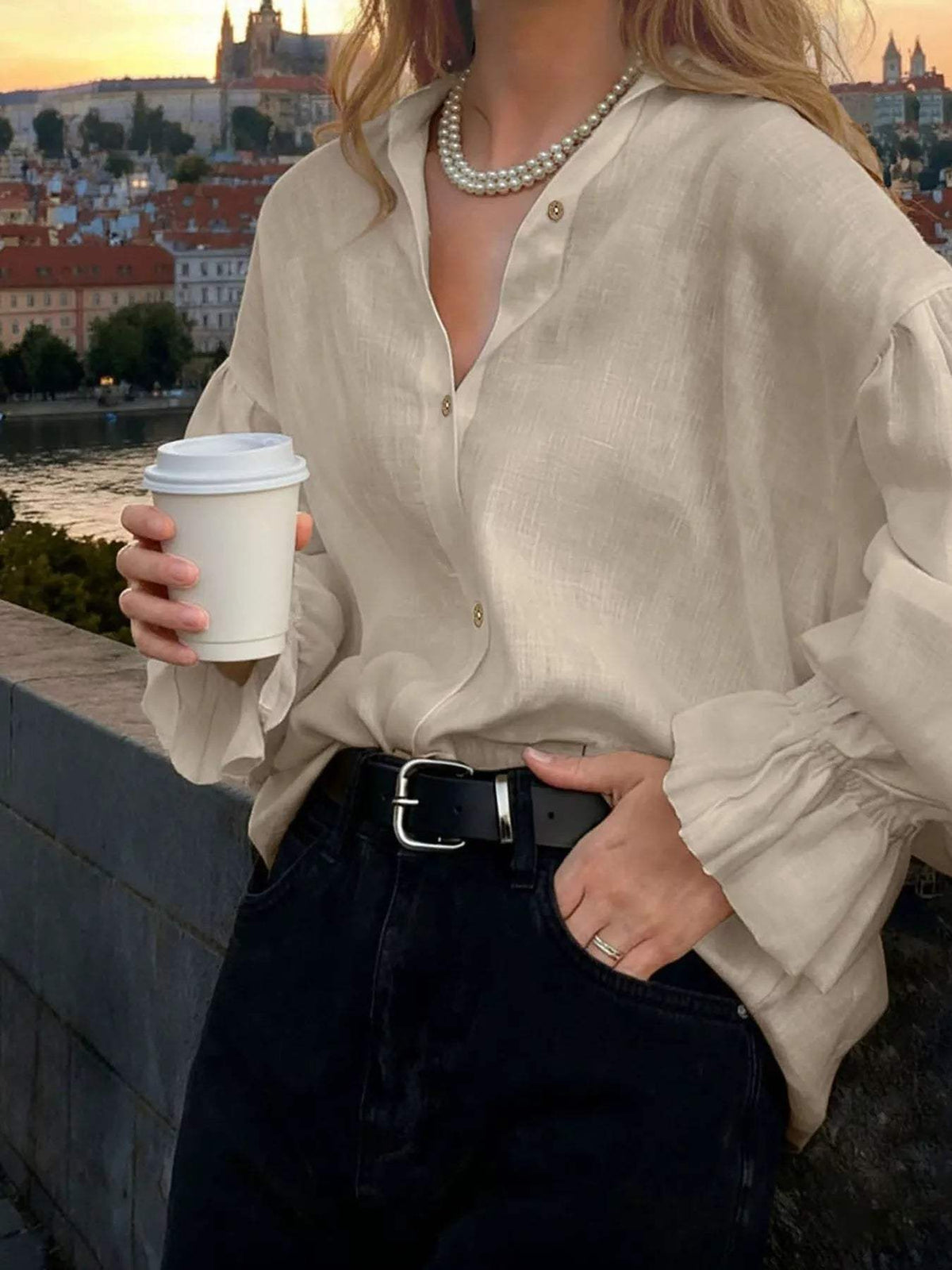 Button Up Flounce Sleeve Shirt - Trendsi - Flyclothing LLC