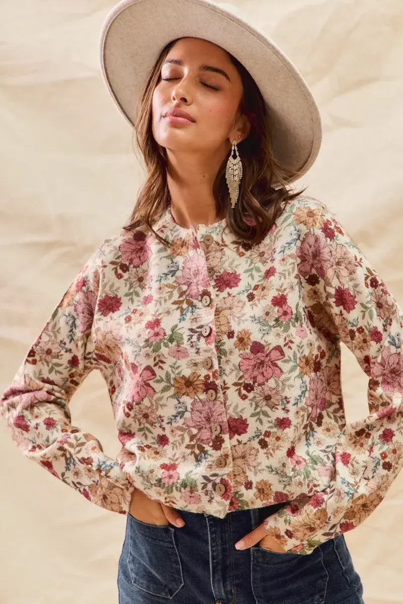 SO ME Floral Print Button Front Sweater Cardigan - Trendsi - Flyclothing LLC