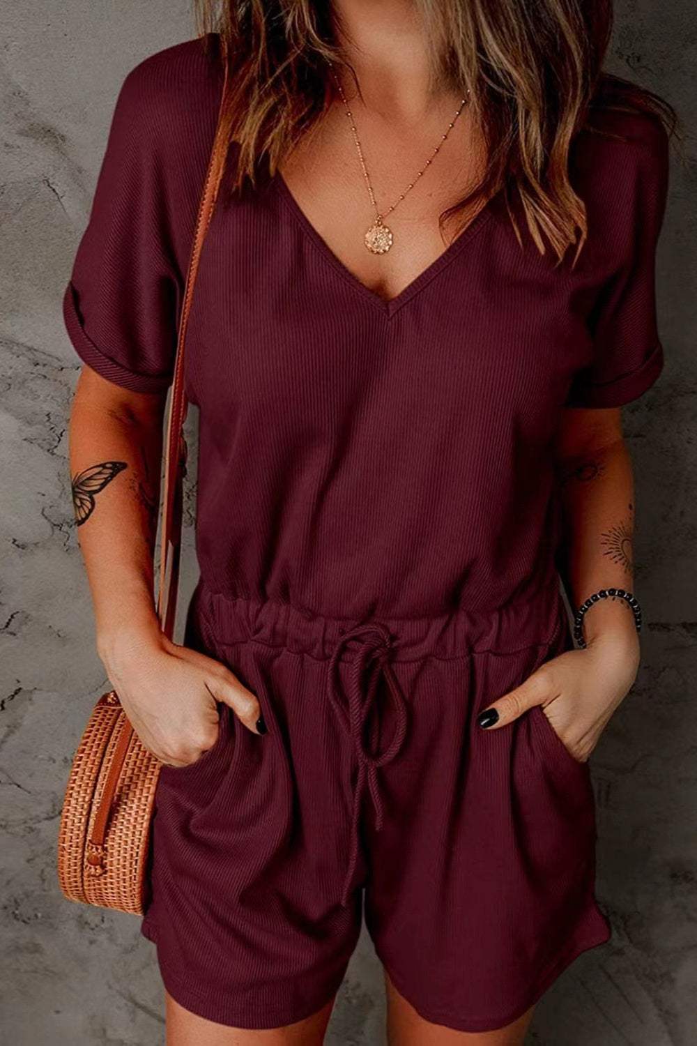 Full Size Drawstring V-Neck Short Sleeve Romper - Trendsi - Flyclothing LLC