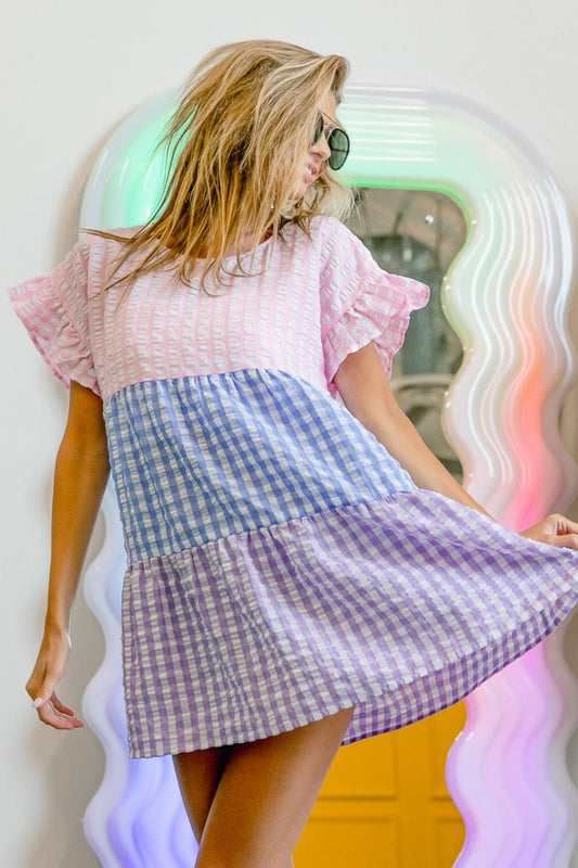 BiBi Plaid Color Block Tiered Top - Trendsi