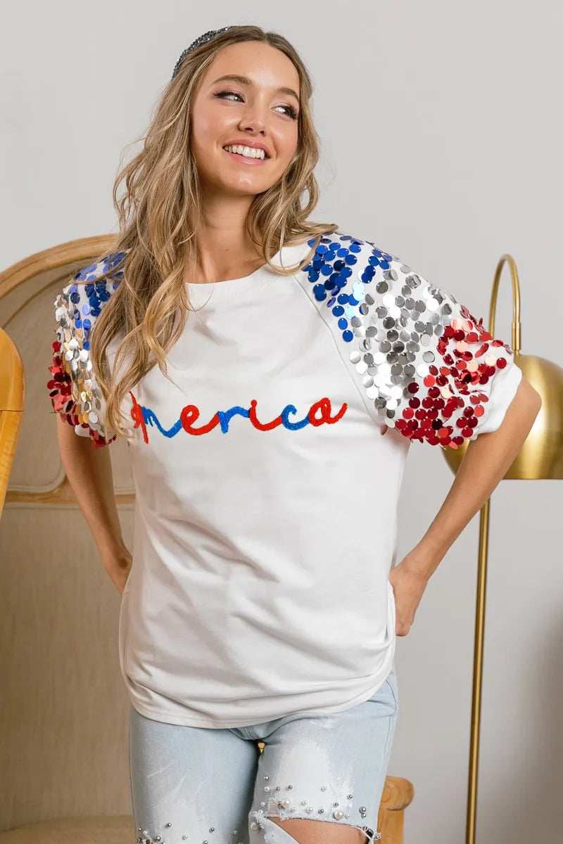 BiBi America Letter Applique Spangle Puff Sleeves Top - Trendsi - Flyclothing LLC
