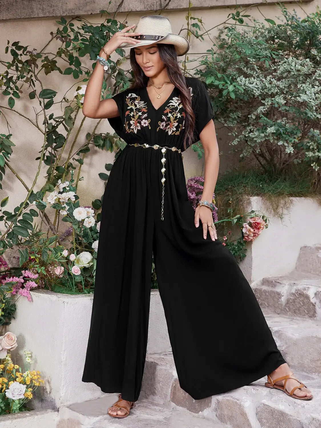 Embroidered Ruched Short Sleeve Jumpsuit - Trendsi - Flyclothing LLC