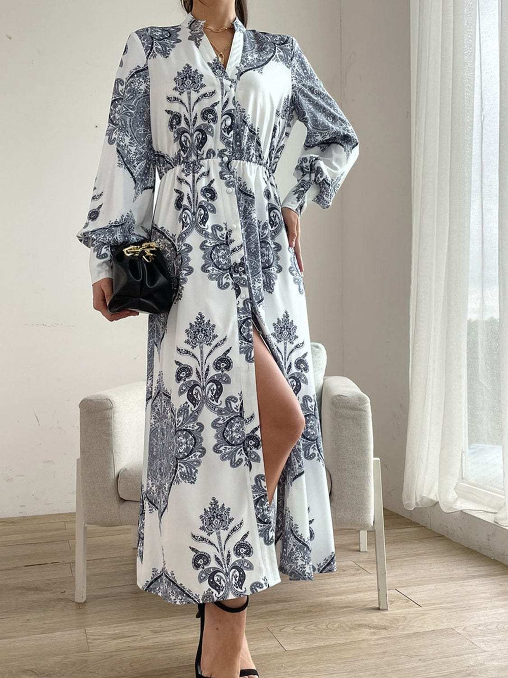 Printed Notched Lantern Sleeve Midi Dress - Trendsi - Flyclothing LLC