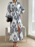Printed Notched Lantern Sleeve Midi Dress - Trendsi