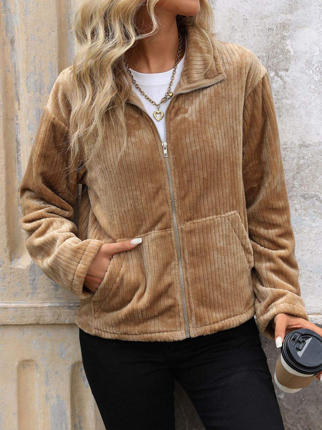 Perfee Pocketed Zip Up Collared Neck Long Sleeve Jacket - Trendsi - Flyclothing LLC