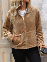 Perfee Pocketed Zip Up Collared Neck Long Sleeve Jacket - Trendsi - Flyclothing LLC