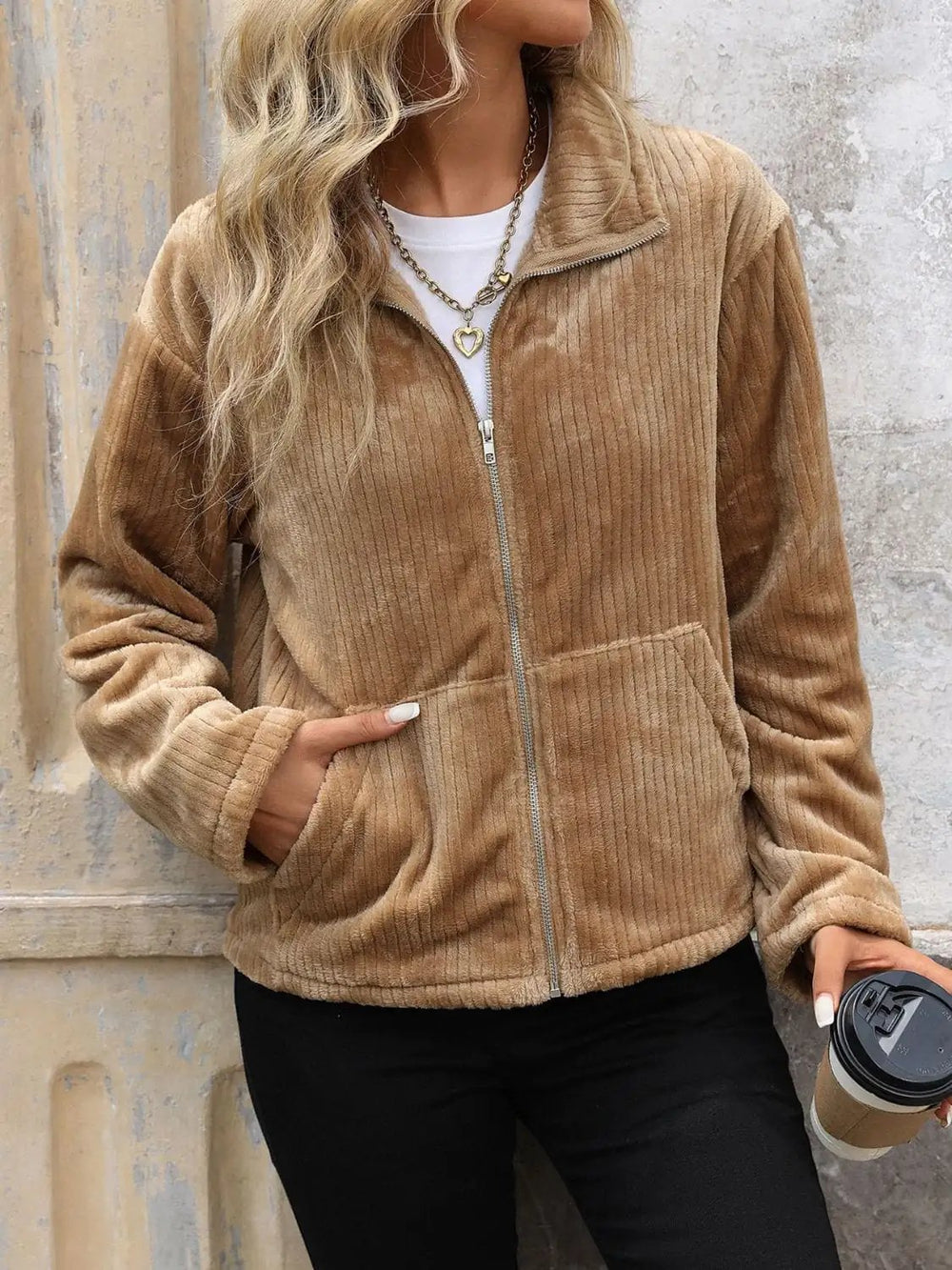 Perfee Pocketed Zip Up Collared Neck Long Sleeve Jacket - Trendsi