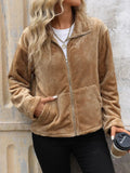 Perfee Pocketed Zip Up Collared Neck Long Sleeve Jacket - Trendsi