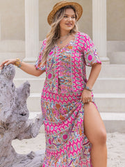 Plus Size Printed V-Neck Half Sleeve Top and Skirt Set - Trendsi