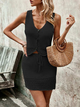 Button Up Sleeveless Top and Drawstring Skirt Set - Trendsi - Flyclothing LLC