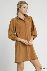 Umgee French Terry Balloon Sleeve Shift Dress with Leopard Print Detail - Trendsi - Flyclothing LLC