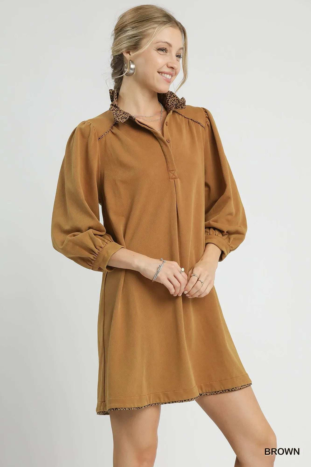 Umgee French Terry Balloon Sleeve Shift Dress with Leopard Print Detail - Trendsi - Flyclothing LLC