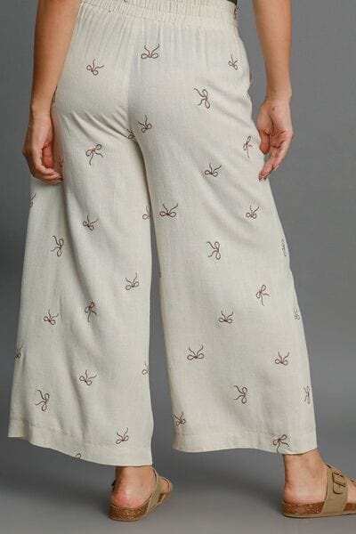 Umgee Full Size Lace Drawstring Embroidered Bow Wide Leg Pants Plus Size - Trendsi - Flyclothing LLC