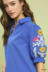 Umgee Seersucker Embroidered Sleeve Blouse - Trendsi - Flyclothing LLC