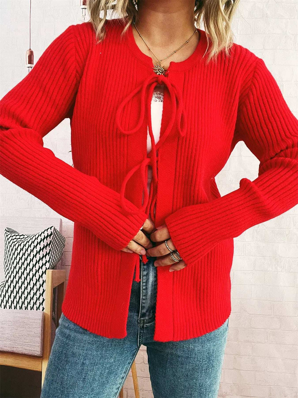 Ribbed Tie Front Long Sleeve Cardigan - Trendsi - Flyclothing LLC