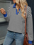 Striped Johnny Collar Long Sleeve Sweatshirt - Trendsi - Flyclothing LLC