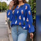 Feather Print Notched Balloon Sleeve Top - Trendsi - Flyclothing LLC