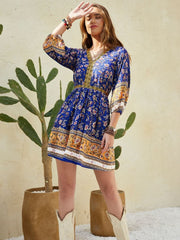 Printed V-Neck Mini Dress - Trendsi