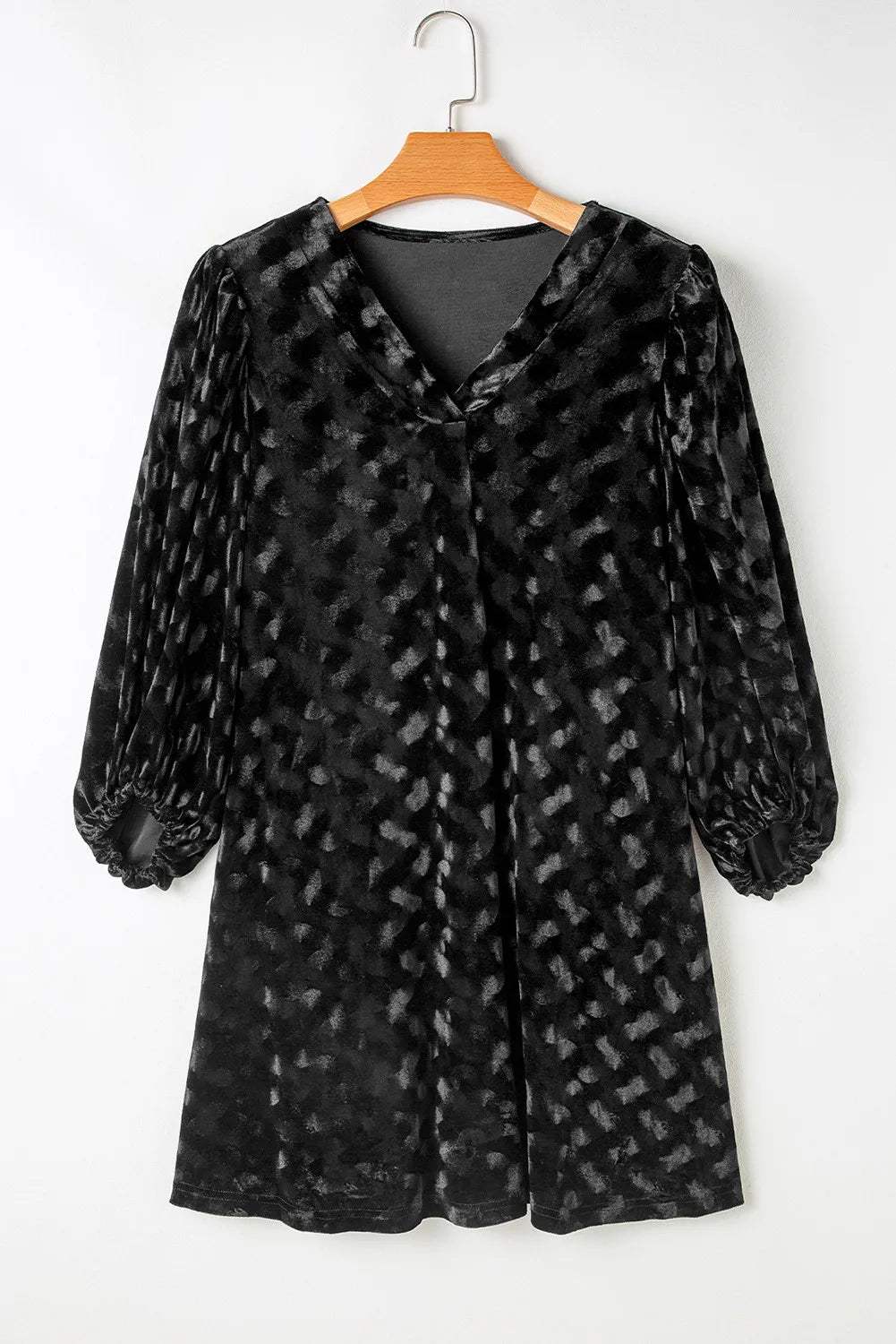 V-Neck Three-Quarter Sleeve Velvet Mini Dress - Trendsi - Flyclothing LLC