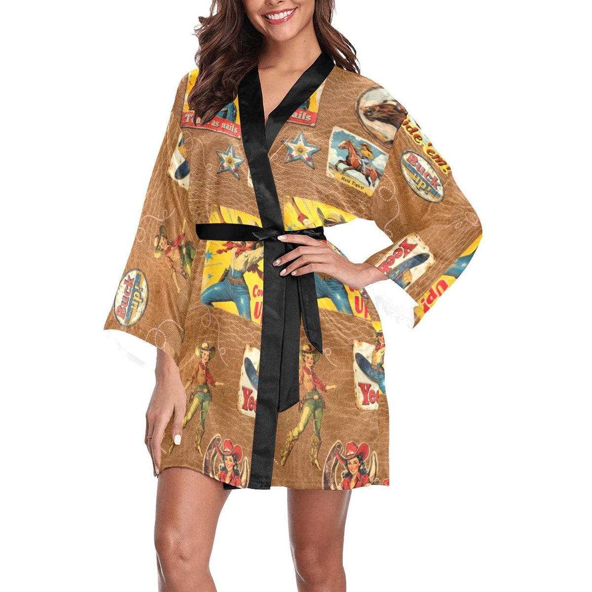 Baha Ranch Vintage Cowgirl Collage Kimono Satin Robe - Baha Ranch Western Wear - Flyclothing LLC