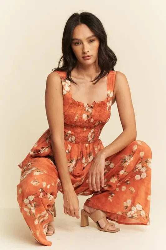 Davi & Dani Floral Ruffle Square Neck Smocking Bodice Jumpsuit - Trendsi - Flyclothing LLC