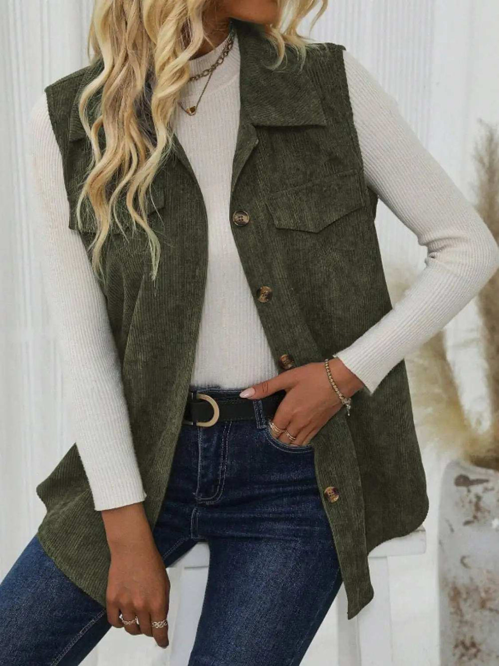 Button Up Collared Neck Vest Coat - Trendsi - Flyclothing LLC