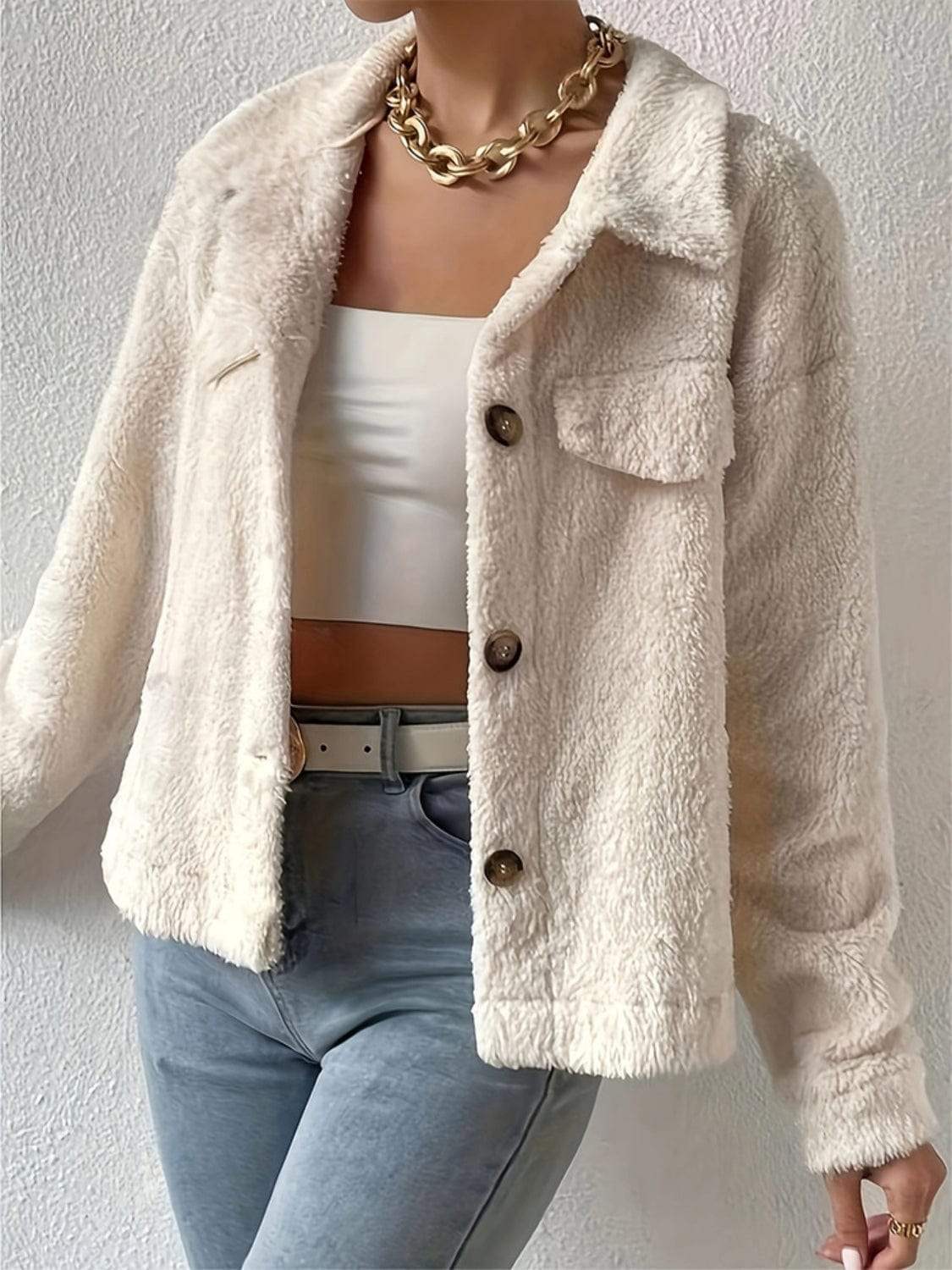 Collared Neck Button Up Jacket with Decorative Pocket Flaps - Trendsi - Flyclothing LLC