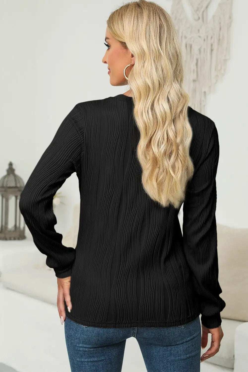 Textured Round Neck Long Sleeve Blouse - Trendsi - Flyclothing LLC