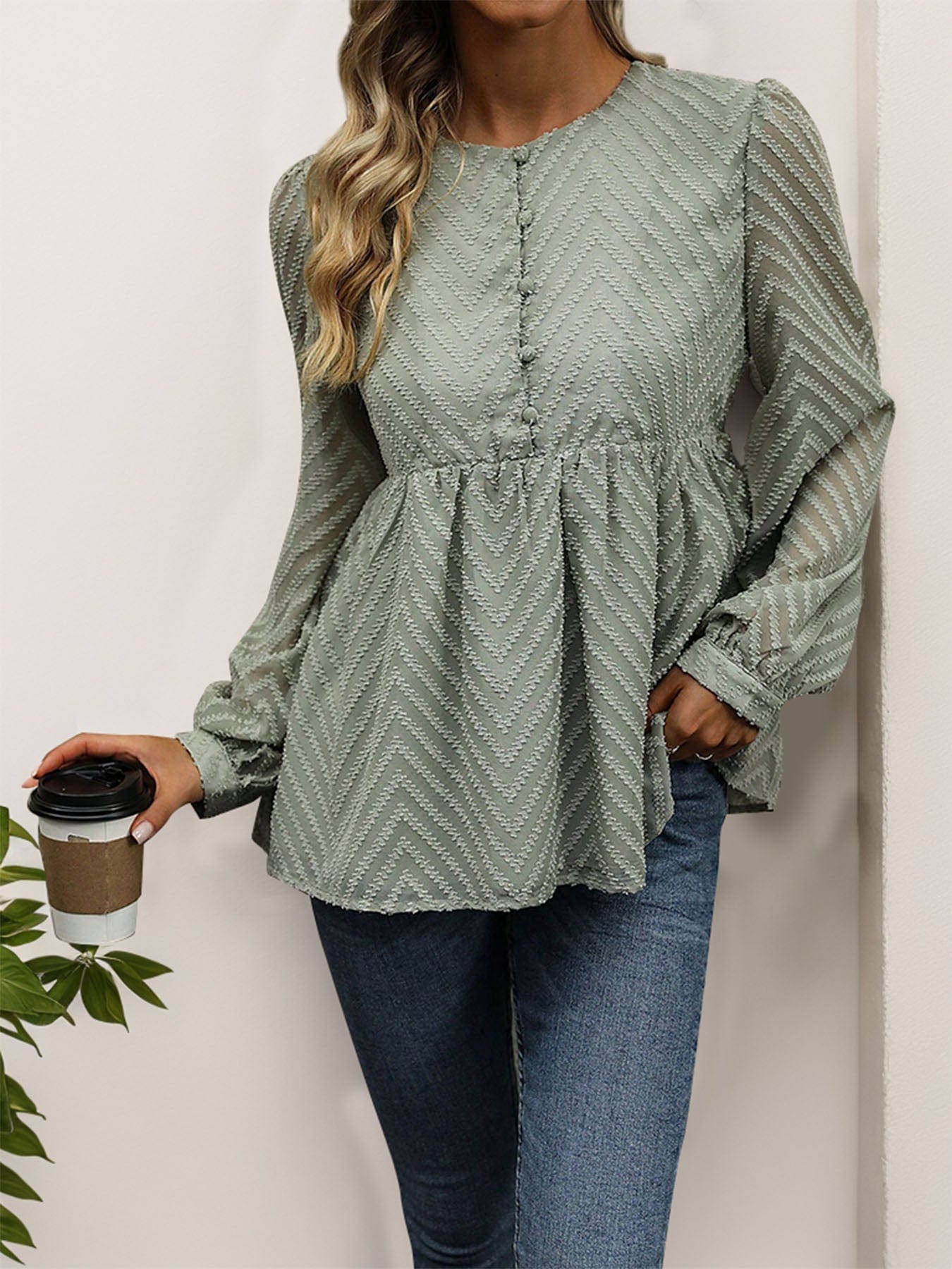 Peplum Round Neck Long Sleeve Blouse - Trendsi